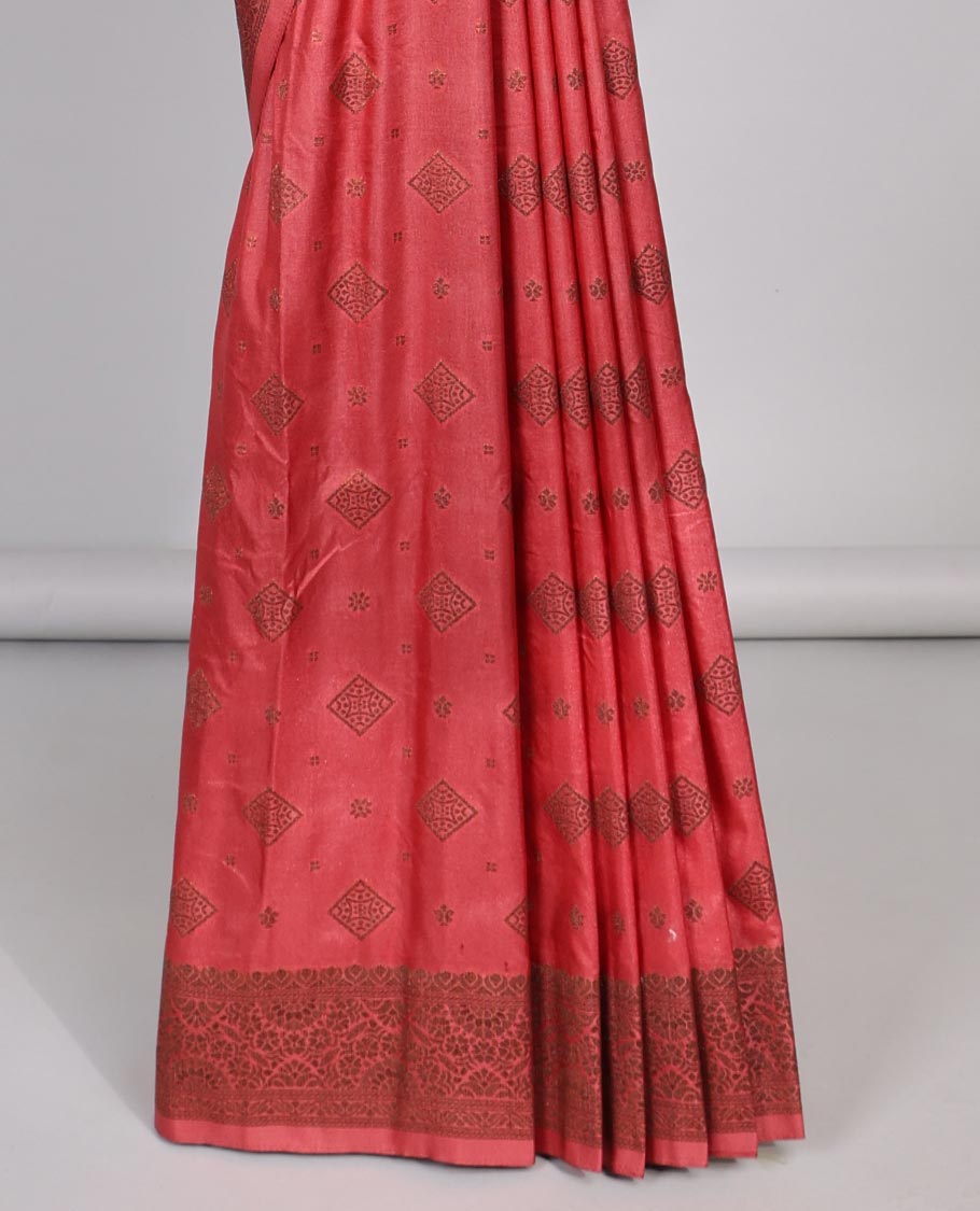 Red motifs semi- banaras tussar saree with self zari border & intricate zari jaal design pallu