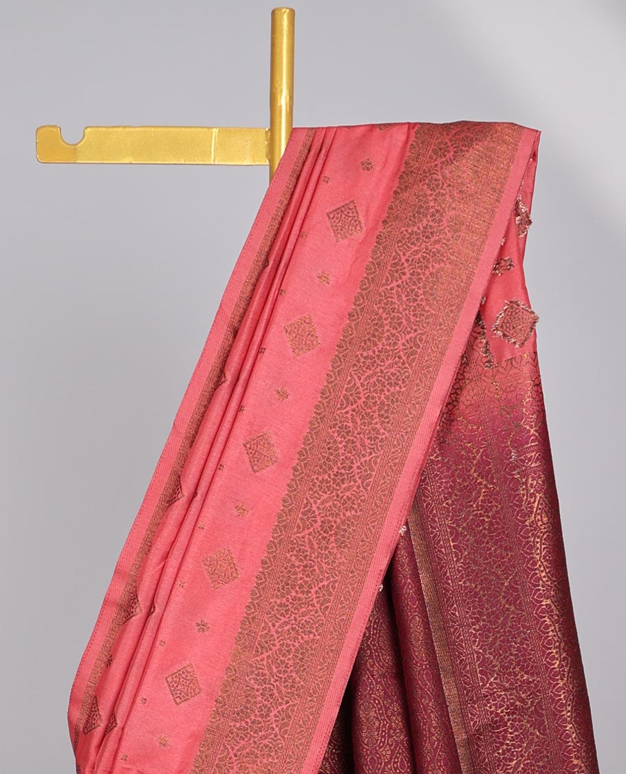 Red motifs semi- banaras tussar saree with self zari border & intricate zari jaal design pallu