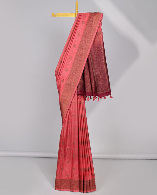 Red motifs semi- banaras tussar saree with self zari border & intricate zari jaal design pallu