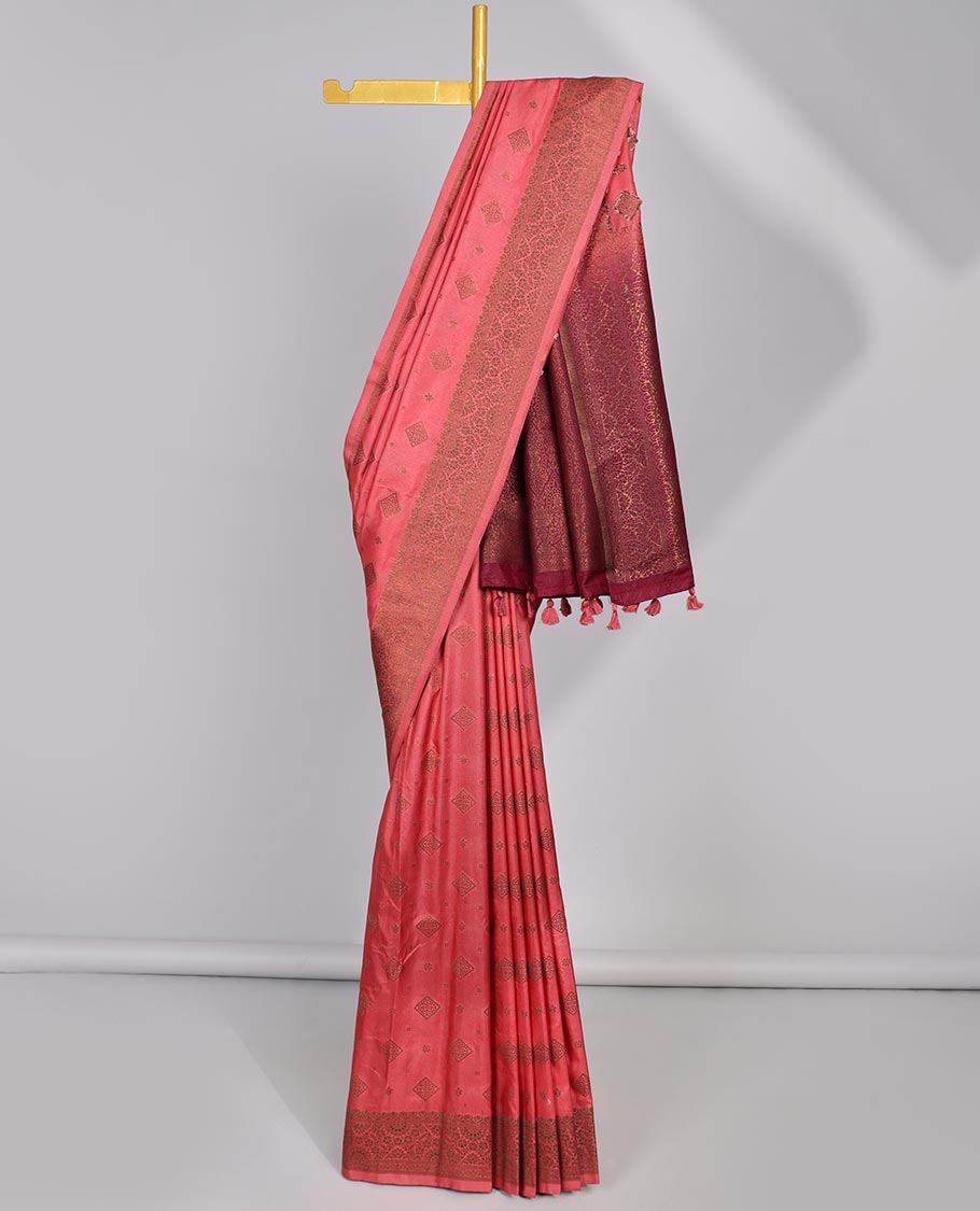 Red motifs semi- banaras tussar saree with self zari border & intricate zari jaal design pallu