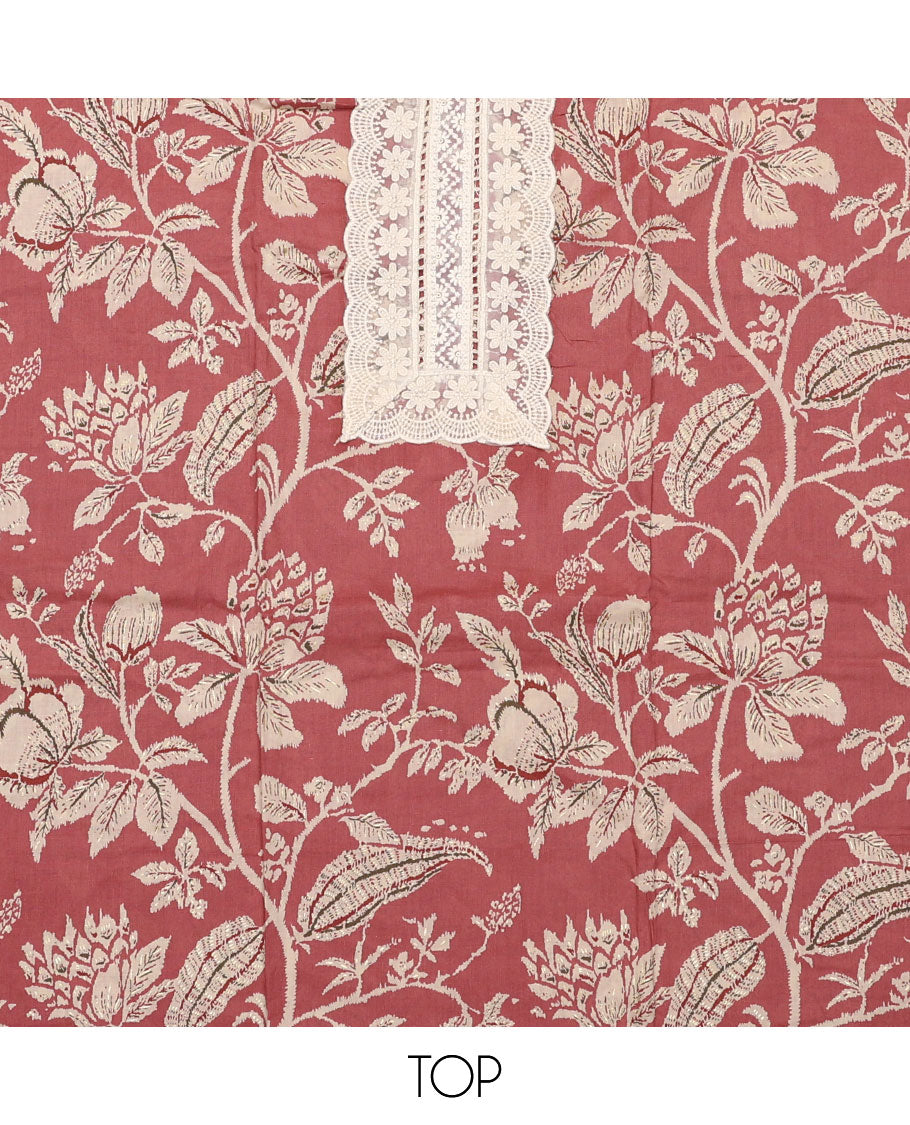 Terracotta red material chudidar set, floral vine printed with neck embroidered top, contrast plain bottom, and block printed dupatta