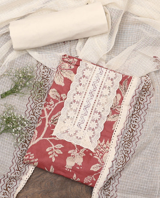 Terracotta red material chudidar set, floral vine printed with neck embroidered top, contrast plain bottom, and block printed dupatta