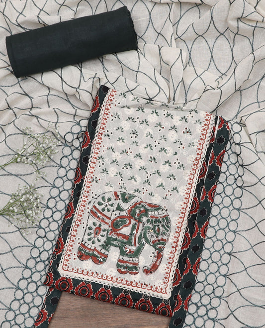 Grey material chudidar set, geometric print with elephant print cut work patch embroidery top, plain bottom, and geometric thread embroidered dupatta