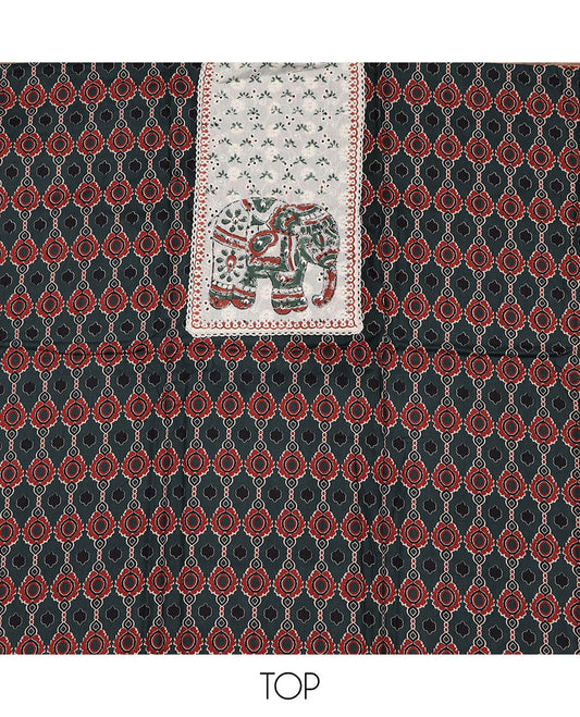 Grey material chudidar set, geometric print with elephant print cut work patch embroidery top, plain bottom, and geometric thread embroidered dupatta