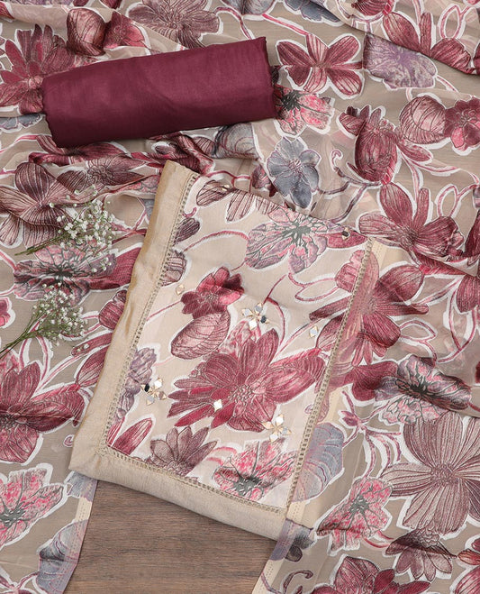 Beige and brown material chudidar set, floral print with mirror work patch neck embroidered top, contrast bottom and floral printed dupatta