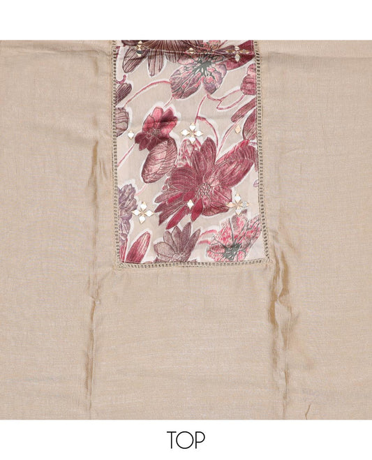 Beige and brown material chudidar set, floral print with mirror work patch neck embroidered top, contrast bottom and floral printed dupatta