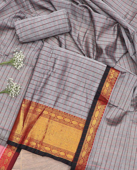 Grey checked, intricate zari design chudidhar material top with plain bottom & plain, zari design border dupatta