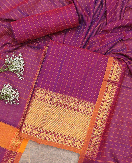 Purple checked, intricate zari design chudidhar material top with plain bottom & checked, intricate zari design border dupatta