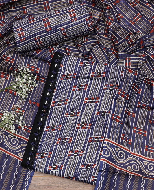 Blue material chudidar set, batik leheriya striped with mirror embroidered top, printed bottom and batik printed dupatta