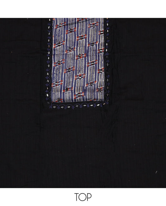 Blue material chudidar set, batik leheriya striped with mirror embroidered top, printed bottom and batik printed dupatta