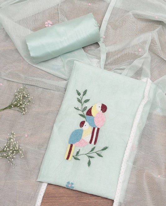 Pale Green Cotton Material Churidar Set, Masterfully Woven with Macaw Bird Sugar Bead-Embroidered Top, Matching Rayon Bottom, and Sugar Bead-Embroidered Kota Dupatta