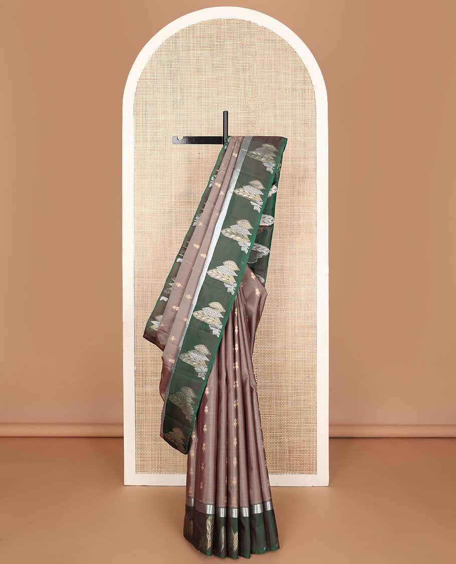 Grey vasundhara elite silk saree with zari buttas, contrast zari border of floral & leaf designs, & pallu steeped with leaf motifs