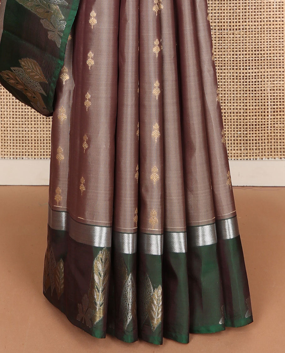 Grey vasundhara elite silk saree with zari buttas, contrast zari border of floral & leaf designs, & pallu steeped with leaf motifs