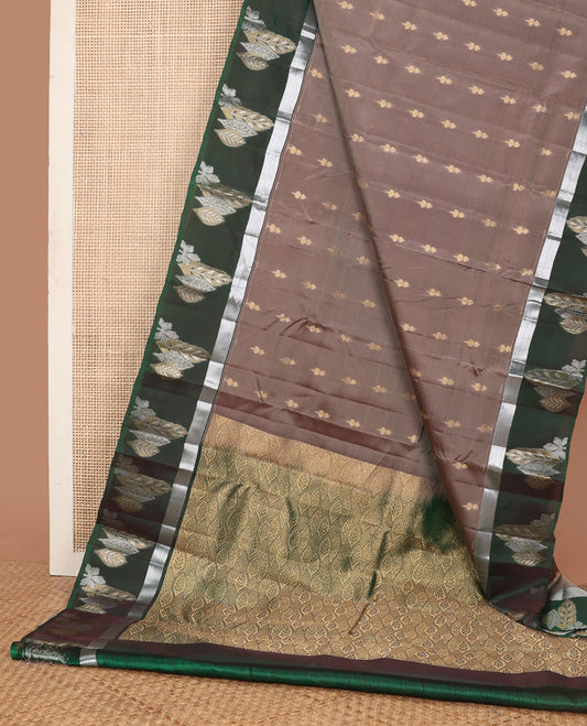 Grey vasundhara elite silk saree with zari buttas, contrast zari border of floral & leaf designs, & pallu steeped with leaf motifs