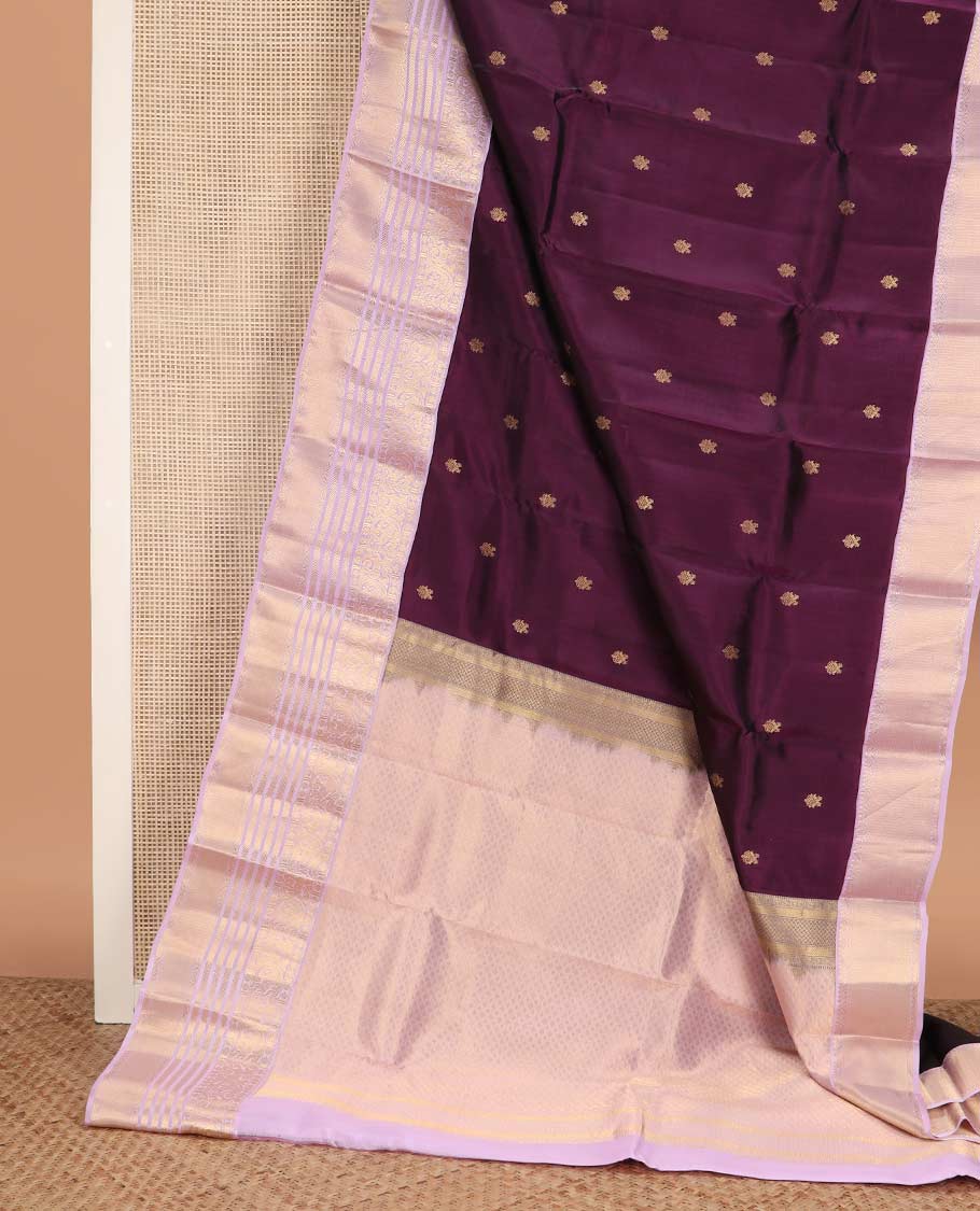 Purple zari buttas Vasundhara silk mix saree, contrast border of kamalam, kodi yaanai, kuthirai, kathir, and zari designs, and jaal pallu