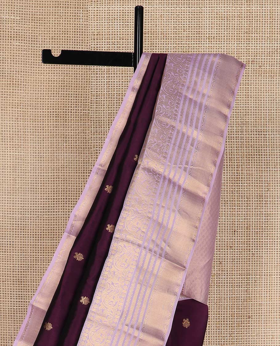 Purple zari buttas Vasundhara silk mix saree, contrast border of kamalam, kodi yaanai, kuthirai, kathir, and zari designs, and jaal pallu