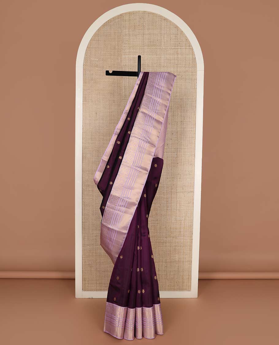 Purple zari buttas Vasundhara silk mix saree, contrast border of kamalam, kodi yaanai, kuthirai, kathir, and zari designs, and jaal pallu