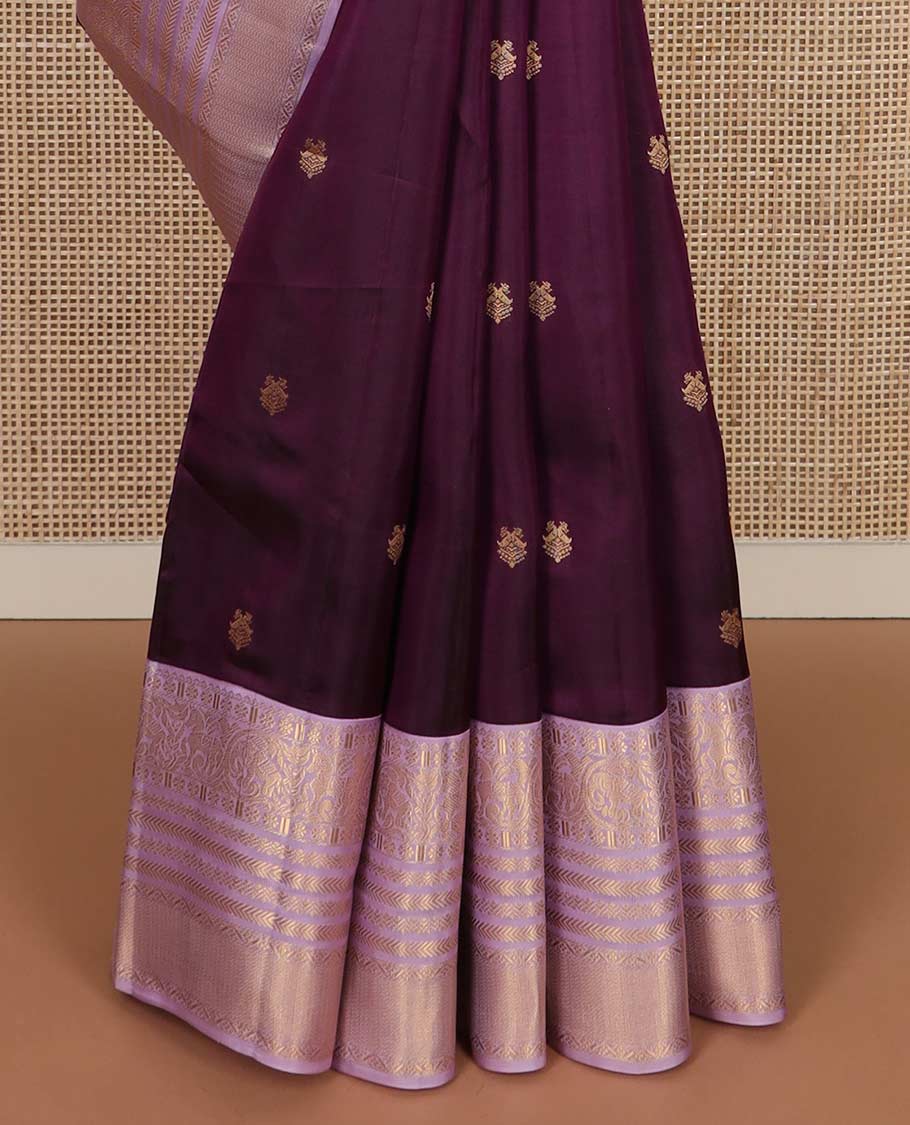 Purple zari buttas Vasundhara silk mix saree, contrast border of kamalam, kodi yaanai, kuthirai, kathir, and zari designs, and jaal pallu