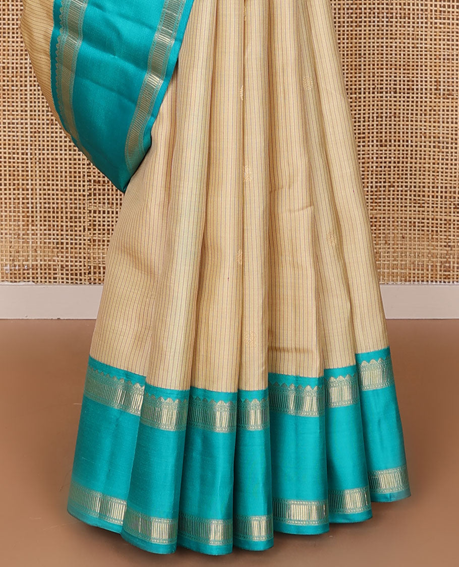 Cream striped & zari buttas silk saree, contrast jaal pallu & rettai pettu border of salngai, ara maadam & muthu designs