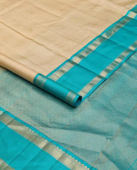 Cream striped & zari buttas silk saree, contrast jaal pallu & rettai pettu border of salngai, ara maadam & muthu designs