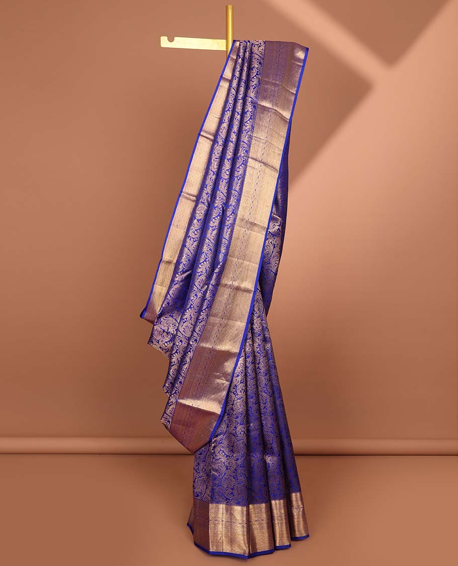 Blue jacquard kancheepuram silk saree with self floral zari border & intricate zari design pallu