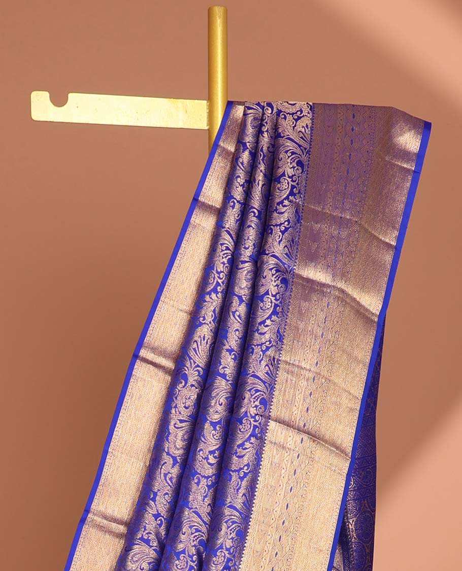 Blue jacquard kancheepuram silk saree with self floral zari border & intricate zari design pallu