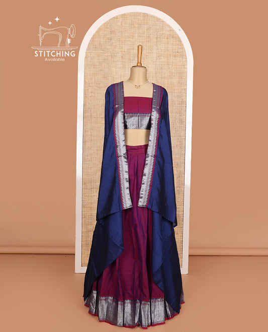 Purple cotton half-saree, plain with contrast geometric bordered skirt, matching blouse, and contrast geometric bordered dhavani