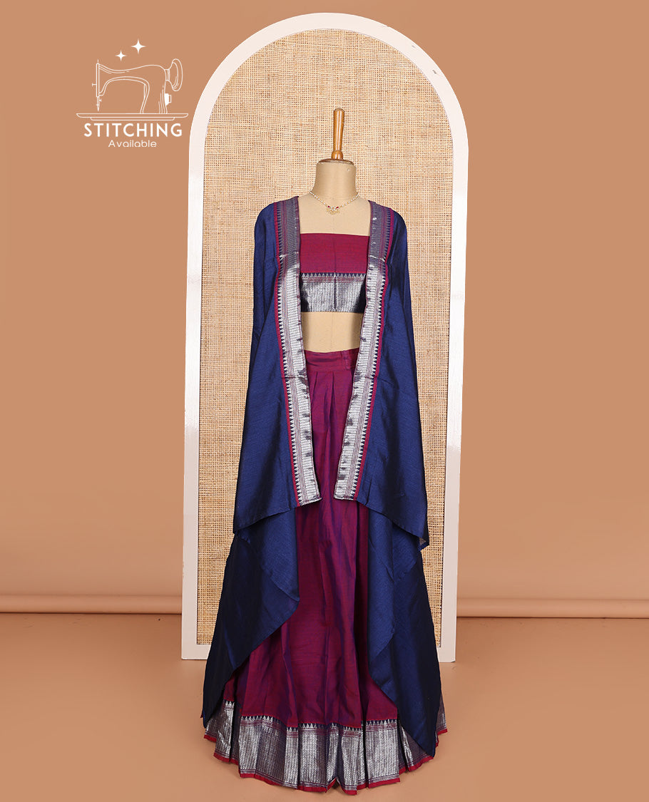 Purple cotton half-saree, plain with contrast geometric bordered skirt, matching blouse, and contrast geometric bordered dhavani