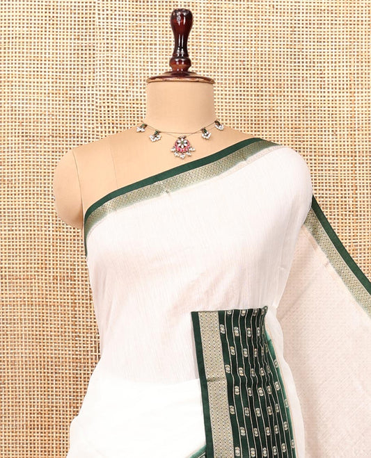 White Plain Assam Silk Saree, Complemented by a Contrast Traditional Zari Border, Zari-Design Pallu, and a Contrast Blouse