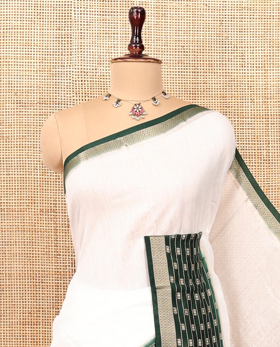White Plain Assam Silk Saree, Complemented by a Contrast Traditional Zari Border, Zari-Design Pallu, and a Contrast Blouse