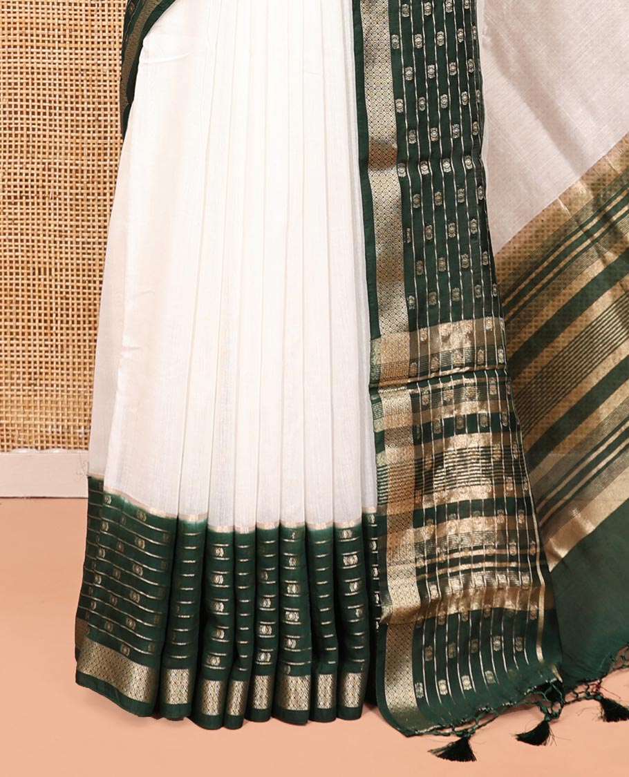 White Plain Assam Silk Saree, Complemented by a Contrast Traditional Zari Border, Zari-Design Pallu, and a Contrast Blouse