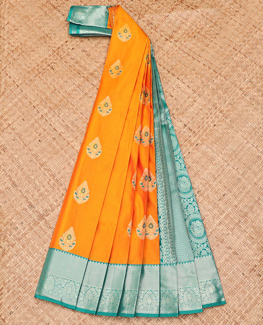 Orange Budget Silk Saree, Spotlighted with Meena Buttas All Over Its Body, Complemented by Contrast Traditional Zari Border, Geometric Patterned Pallu and Paired with a Contrast Blouse