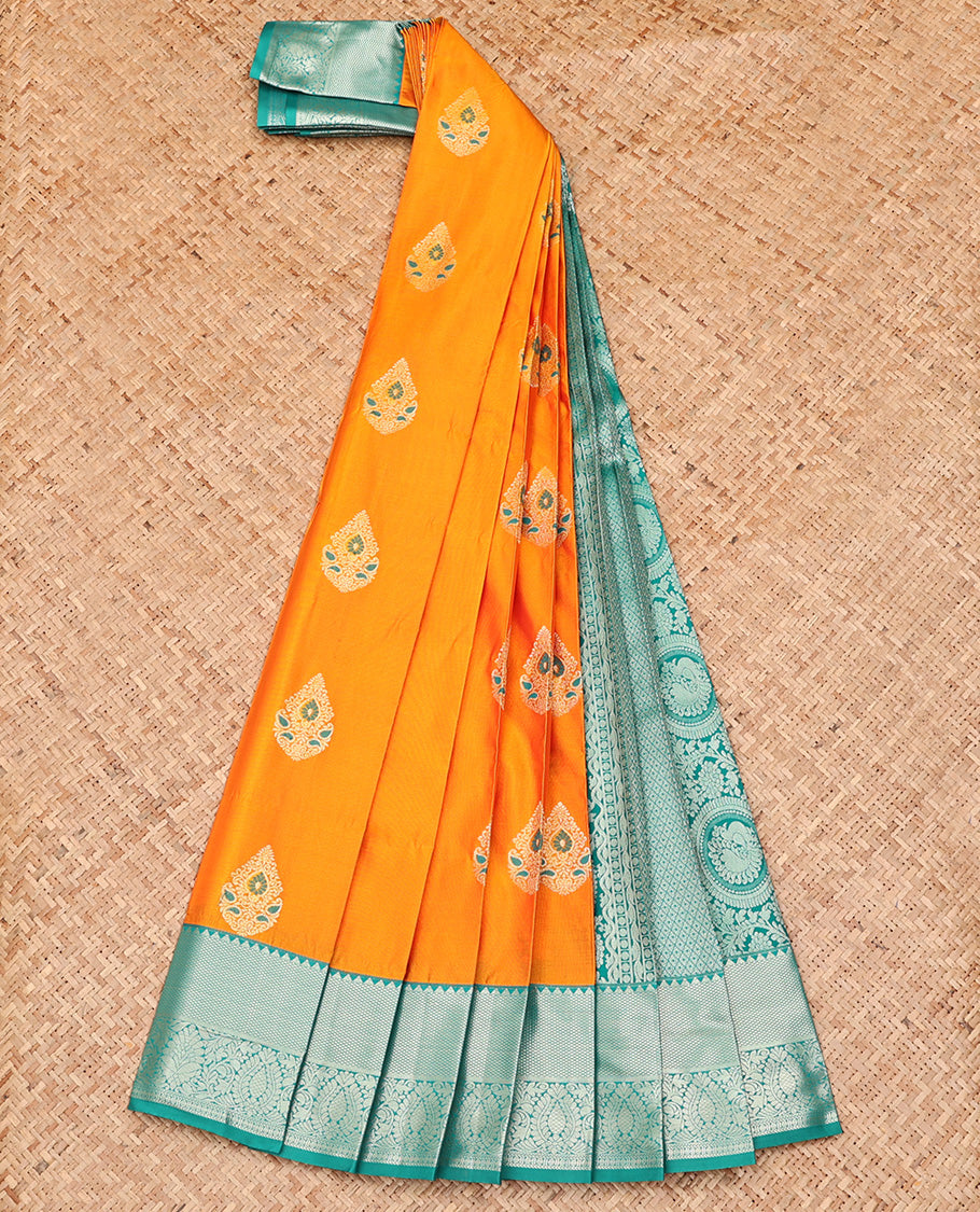 Orange Budget Silk Saree, Spotlighted with Meena Buttas All Over Its Body, Complemented by Contrast Traditional Zari Border, Geometric Patterned Pallu and Paired with a Contrast Blouse