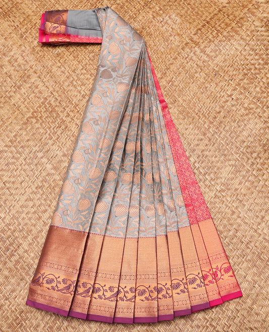 Grey Budget Silk Saree, Featuring Jacquard Design, Contrast Traditional Zari Border, Grand Jaal Pallu, and a Contrast Blouse