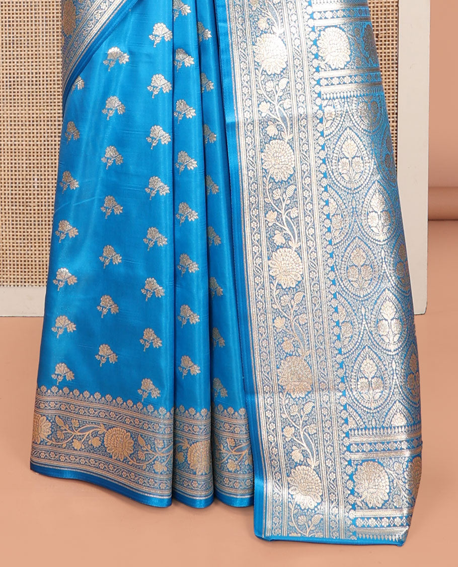 Blue Banarasi Nylon Saree, Graced with Buttas, Floral Creeper Zari Border, Intricate Pallu, and a Matching Blouse