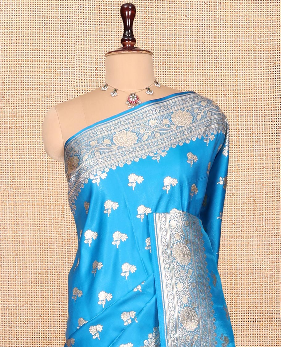 Blue Banarasi Nylon Saree, Graced with Buttas, Floral Creeper Zari Border, Intricate Pallu, and a Matching Blouse