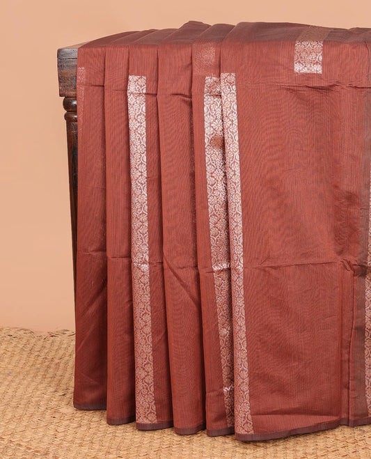 Borderless brown thick floral zari stripes semi-silk cotton saree, contrast intricate pallu