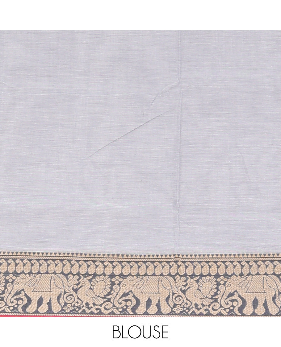 Grey plain Narayanapet cotton saree, contrast traditional thread border, and striped pallu