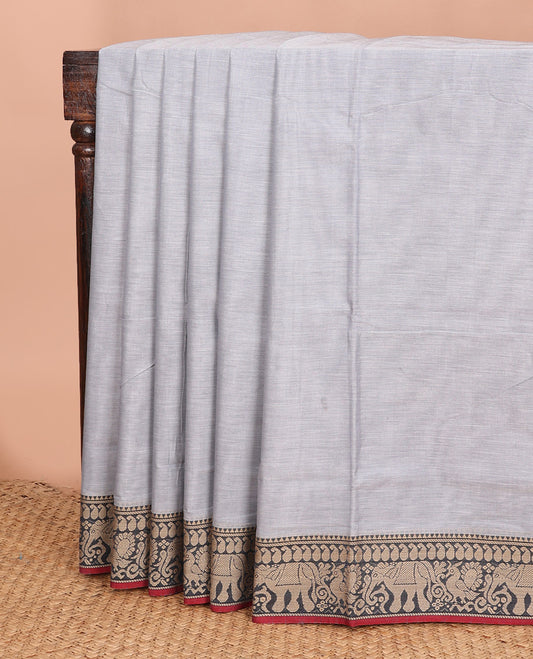 Grey plain Narayanapet cotton saree, contrast traditional thread border, and striped pallu
