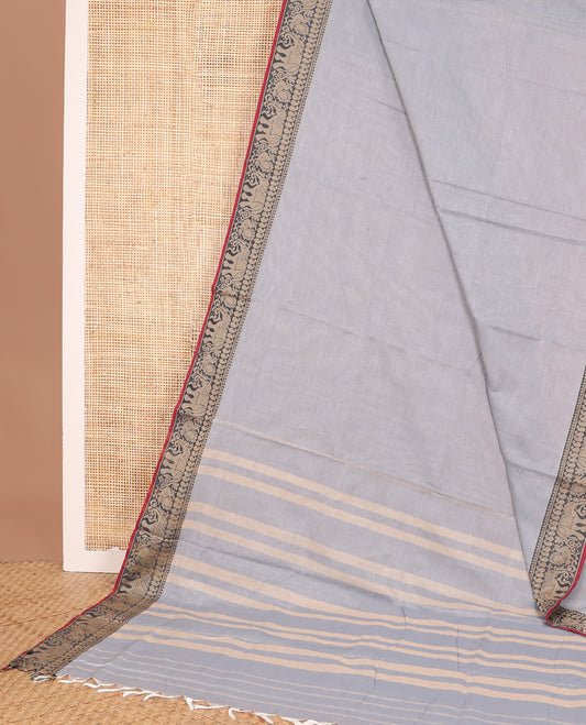 Grey plain Narayanapet cotton saree, contrast traditional thread border, and striped pallu