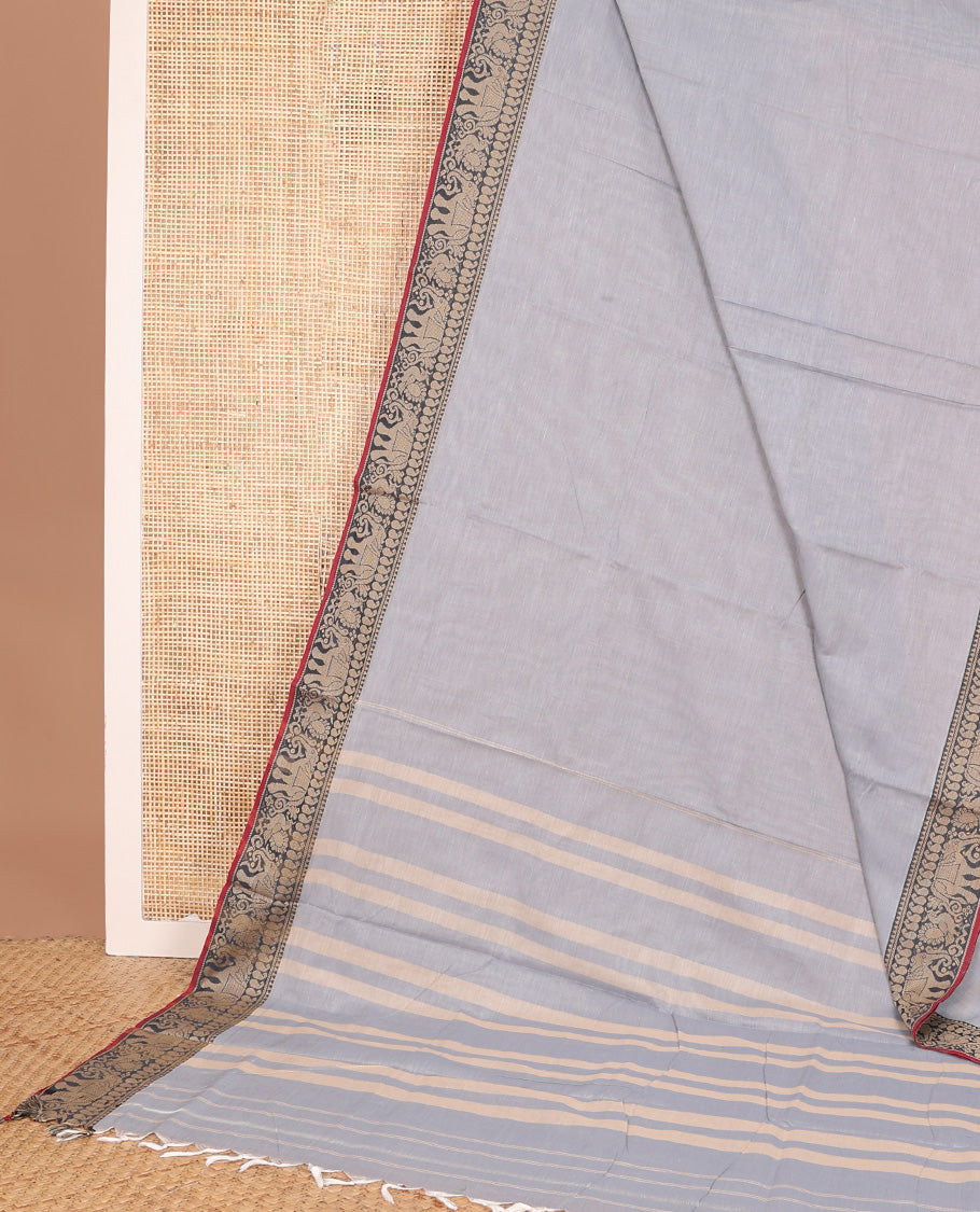 Grey plain Narayanapet cotton saree, contrast traditional thread border, and striped pallu