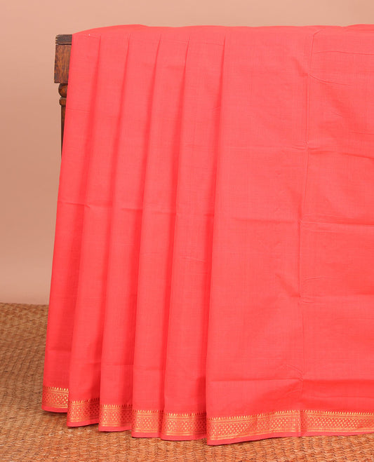 Peach Plain Mangalagiri Cotton Saree, Subtly Sparkled with Traditional Zari Design Border, Sparkling Zari Pallu, and Paired with a Matching Blouse