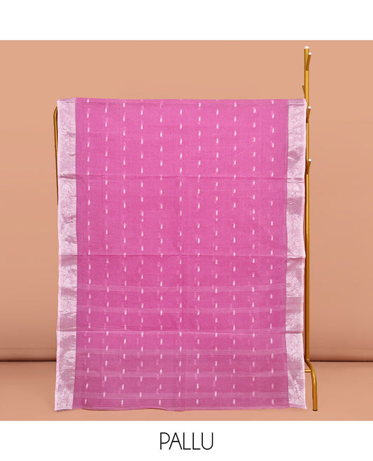 Pink Bengal Cotton Saree, Embellished with Buttas All Over Its Body, Complemented by a Contrast Paisley Zari Design Border, Pallu of Stripes, and Paired with a Matching Blouse