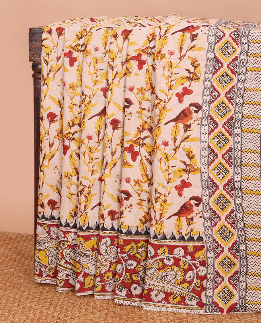Sandal floral-bird machine-printed kalamkari cotton saree, contarst foral-bird printed border & pallu of floral-geometric print
