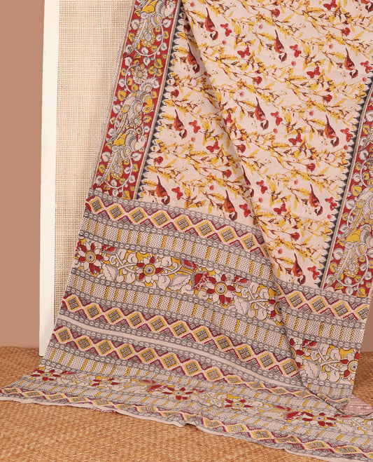 Sandal floral-bird machine-printed kalamkari cotton saree, contarst foral-bird printed border & pallu of floral-geometric print