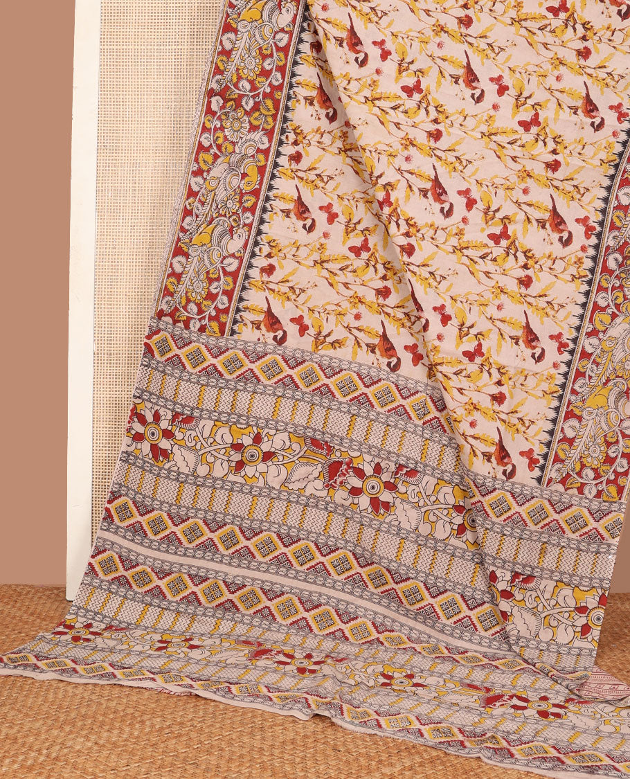 Sandal floral-bird machine-printed kalamkari cotton saree, contarst foral-bird printed border & pallu of floral-geometric print