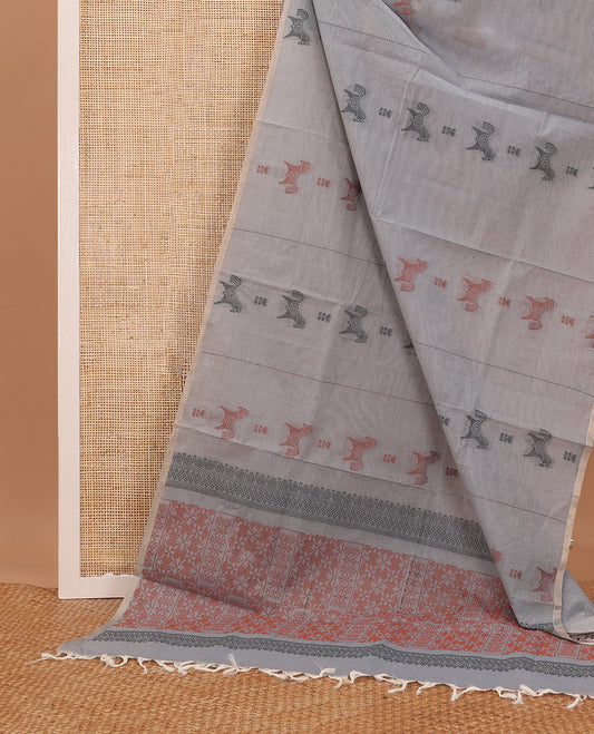 Borderless grey horse motifs Coimbatore cotton saree,  self-pallu of geometric patterns