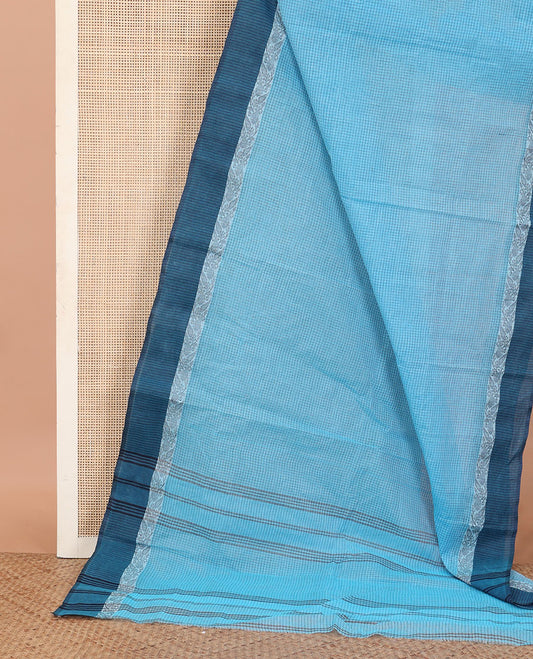 Blue Bengal Cotton Saree, Delicately Designed with Micro-Checked Designs on Its Body, Complemented by a Contrast Floral Design Border, and Pallu Steeped with Stripes