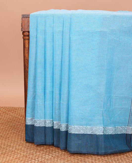 Blue Bengal Cotton Saree, Delicately Designed with Micro-Checked Designs on Its Body, Complemented by a Contrast Floral Design Border, and Pallu Steeped with Stripes
