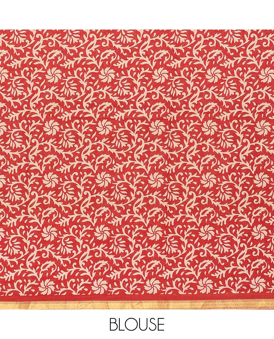 Orange floral motifs printed mul mul cotton saree, contrast floral vine printed border, and pallu of floral print
